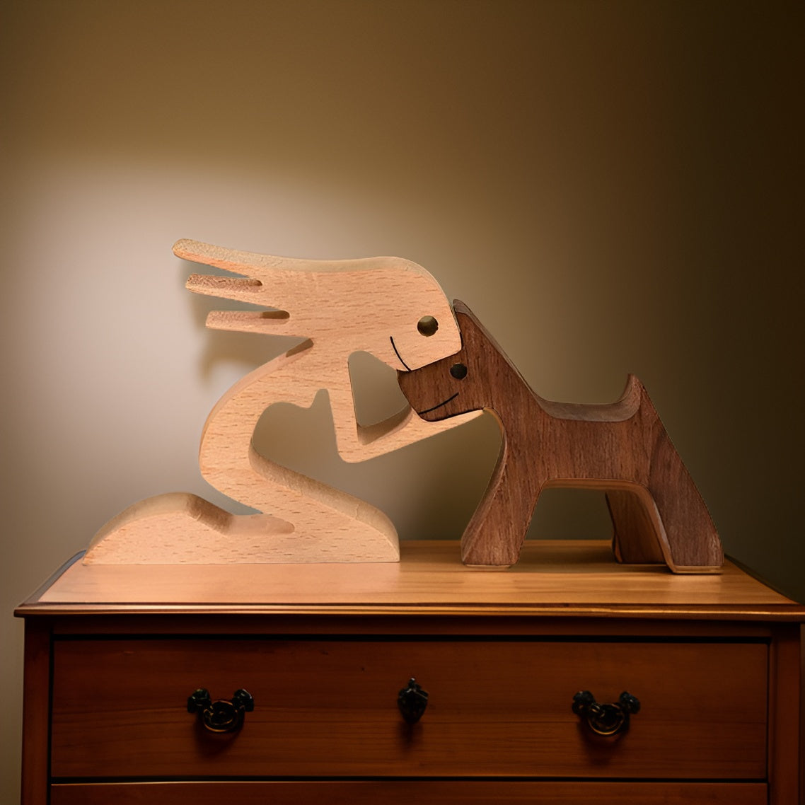 Handgefertigte Hund & Mensch Holzskulptur