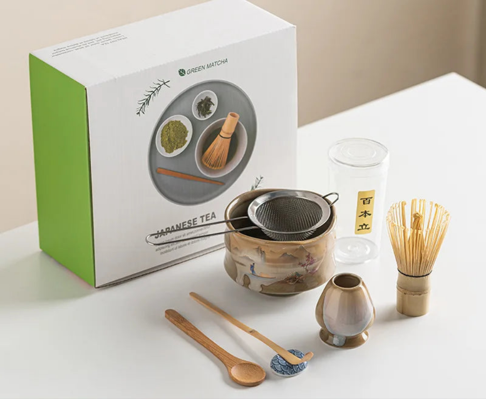 Vintage 7-teiliges Matcha-Set mit Keramikschale, Chasen und Bambuslöffel für authentische Teezeremonien
