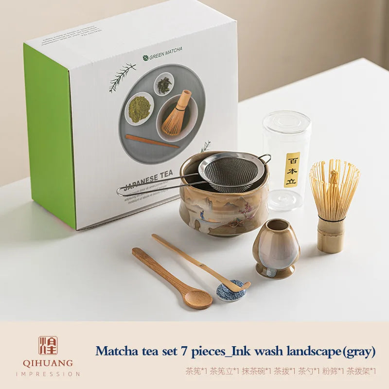 Vintage 7-teiliges Matcha-Set mit Keramikschale, Chasen und Bambuslöffel für authentische Teezeremonien