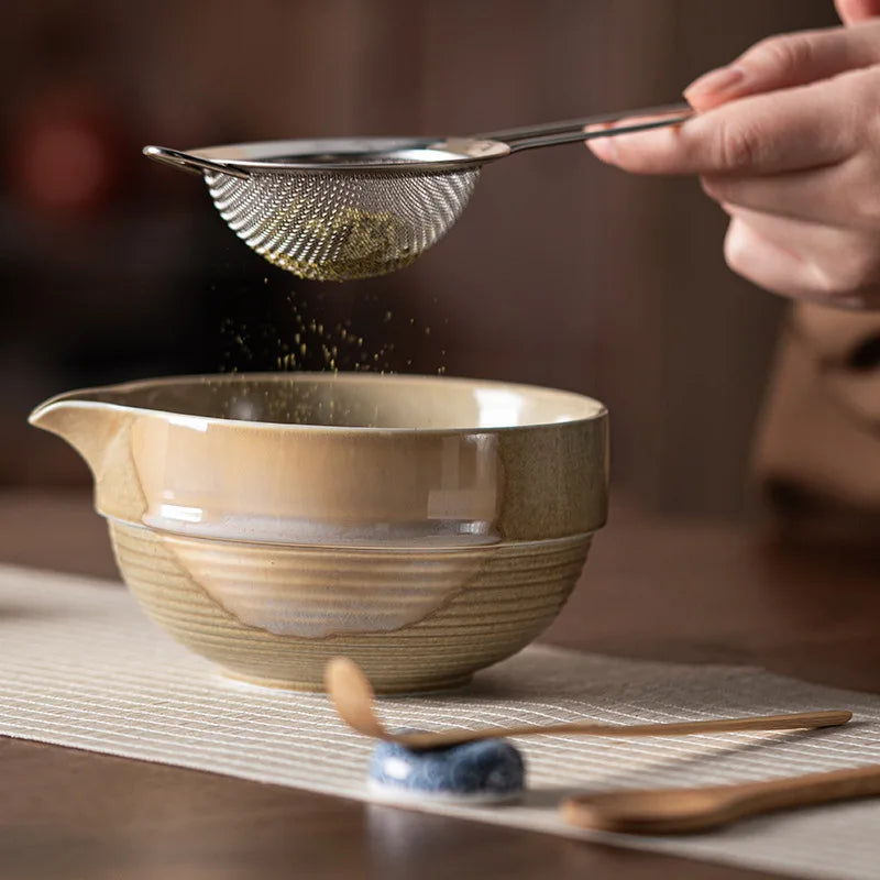 Vintage 7-teiliges Matcha-Set mit Keramikschale, Chasen und Bambuslöffel für authentische Teezeremonien