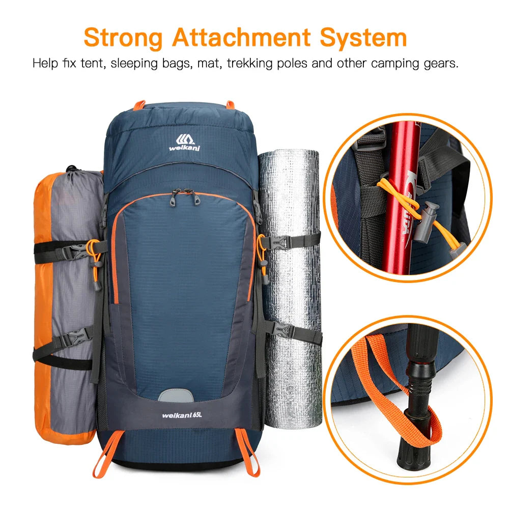 65L Wasserdichter Wanderrucksack mit Regenhülle – Strapazierfähiges Campingzubehör für Outdoor-Abenteuer und Wanderungen