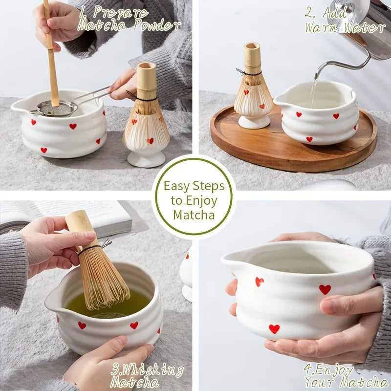 Herzförmiges Matcha-Schalen-Set aus Japan mit Schneebesen – Authentisches Zubehör für die Teezeremonie zur Zubereitung von Matcha