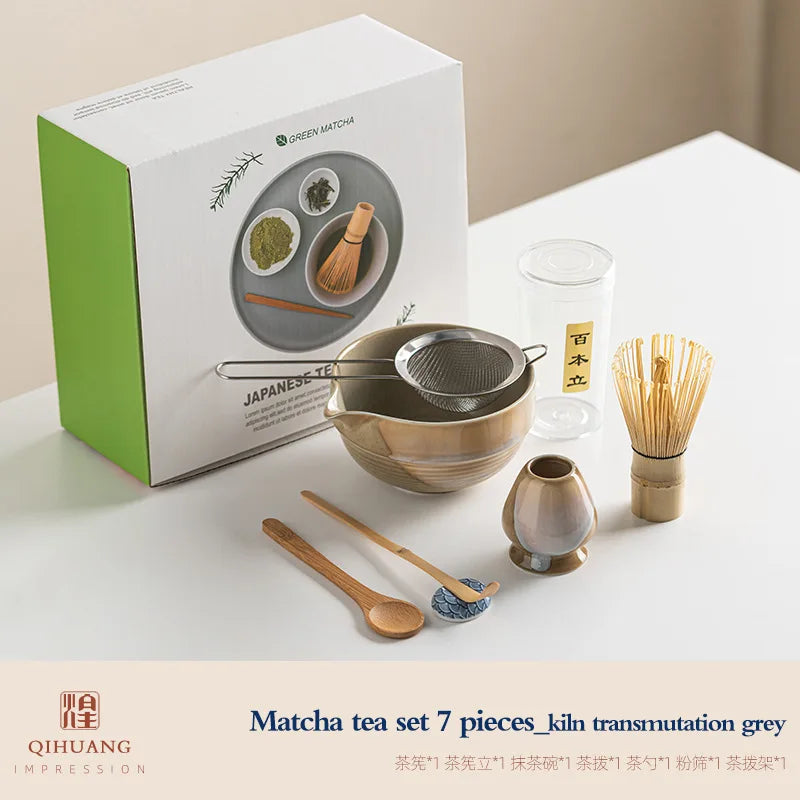 Vintage 7-teiliges Matcha-Set mit Keramikschale, Chasen und Bambuslöffel für authentische Teezeremonien