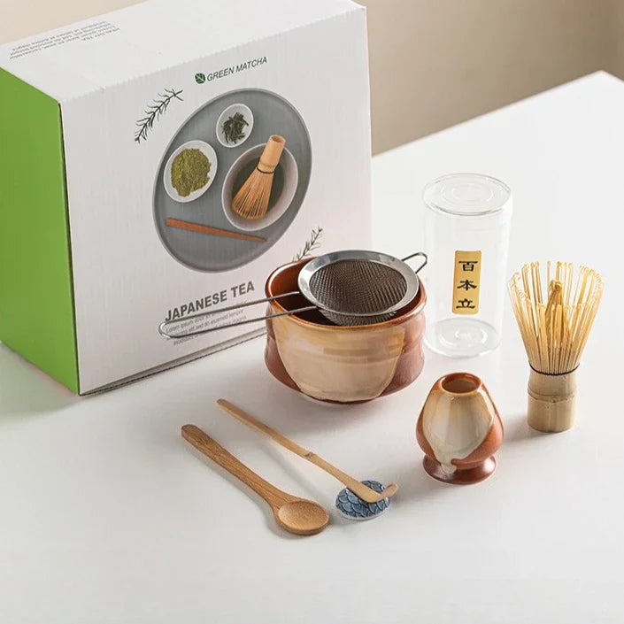 Vintage 7-teiliges Matcha-Set mit Keramikschale, Chasen und Bambuslöffel für authentische Teezeremonien