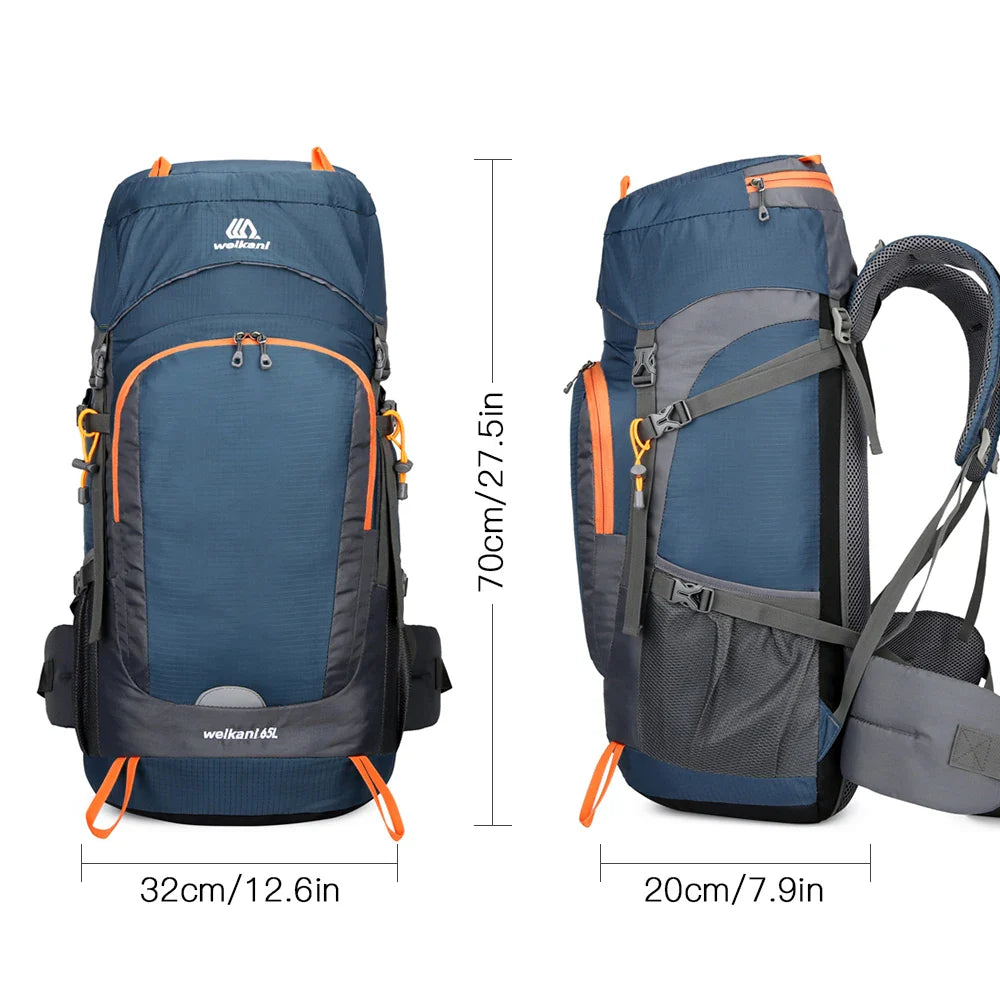 65L Wasserdichter Wanderrucksack mit Regenhülle – Strapazierfähiges Campingzubehör für Outdoor-Abenteuer und Wanderungen