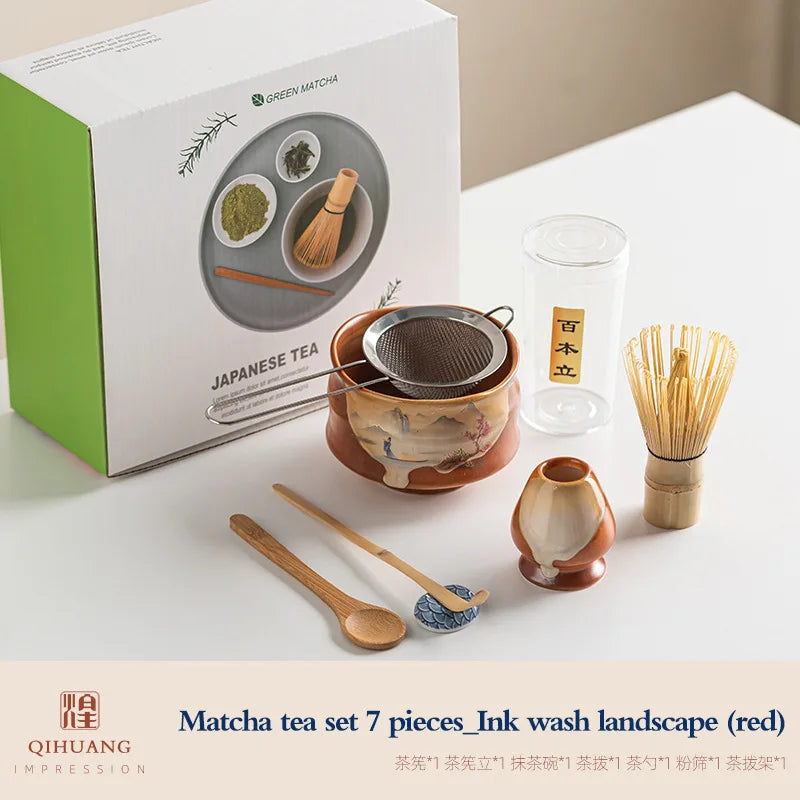 Vintage 7-teiliges Matcha-Set mit Keramikschale, Chasen und Bambuslöffel für authentische Teezeremonien