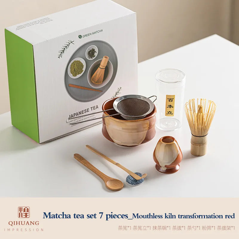 Vintage 7-teiliges Matcha-Set mit Keramikschale, Chasen und Bambuslöffel für authentische Teezeremonien
