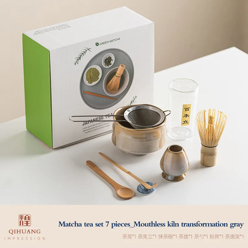 Vintage 7-teiliges Matcha-Set mit Keramikschale, Chasen und Bambuslöffel für authentische Teezeremonien