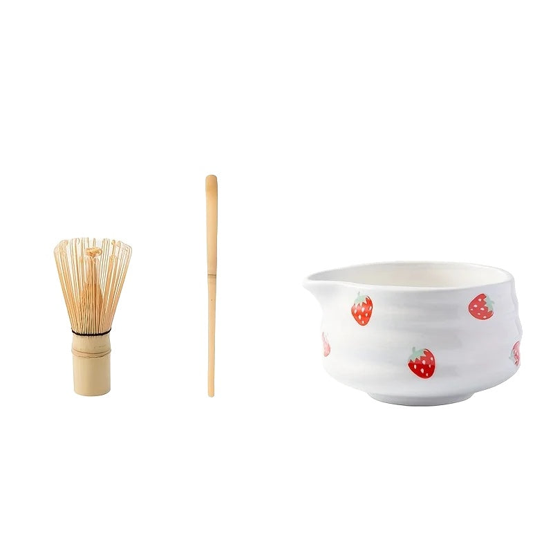Japanisches Erdbeer-Matcha-Set mit Schneebesen – Charmante Keramik-Teeschalen für ein authentisches Matcha-Erlebnis
