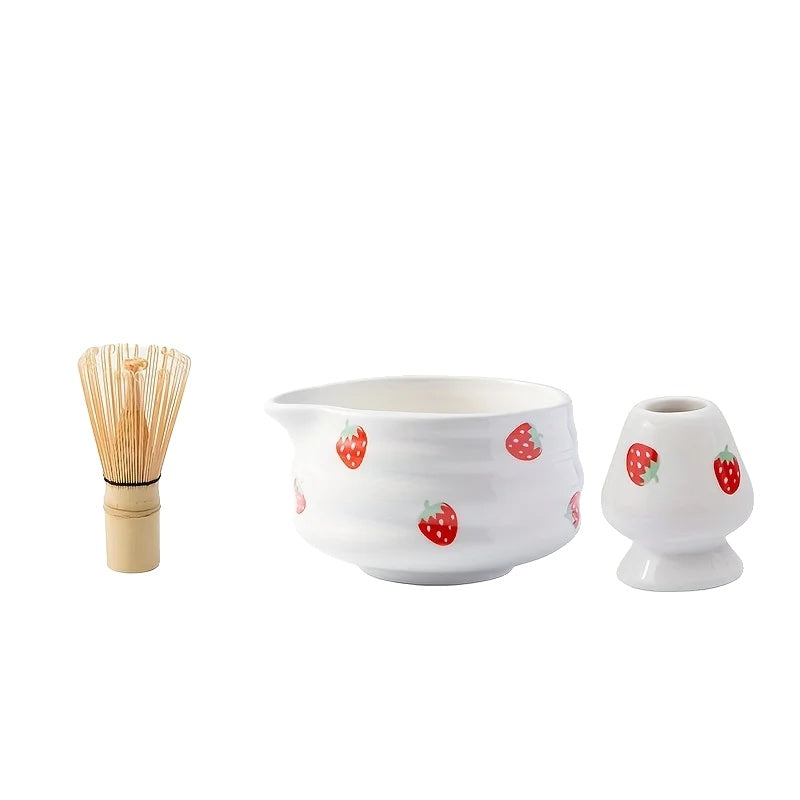 Japanisches Erdbeer-Matcha-Set mit Schneebesen – Charmante Keramik-Teeschalen für ein authentisches Matcha-Erlebnis