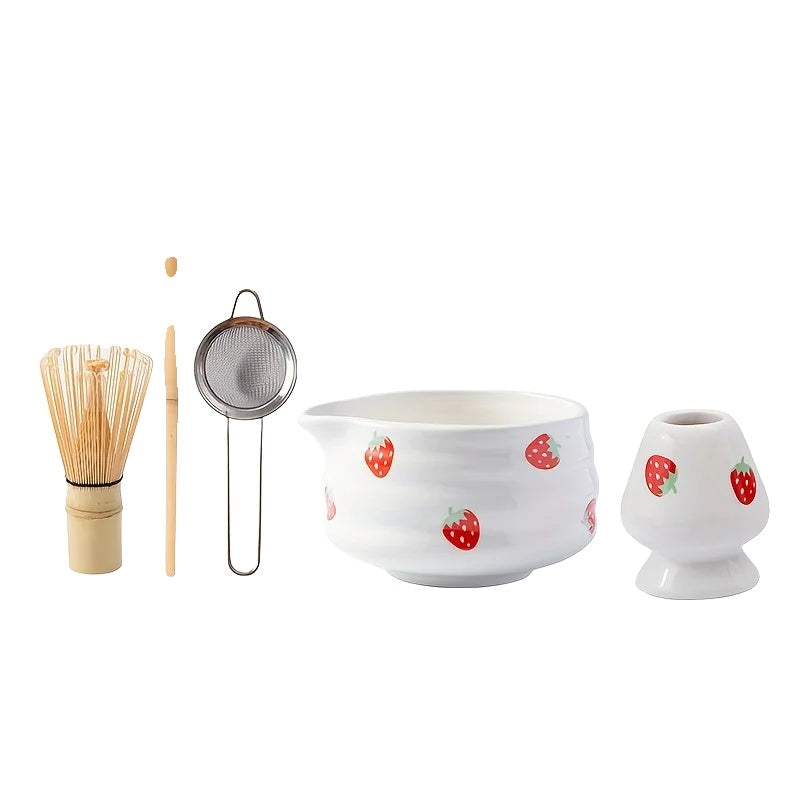 Japanisches Erdbeer-Matcha-Set mit Schneebesen – Charmante Keramik-Teeschalen für ein authentisches Matcha-Erlebnis