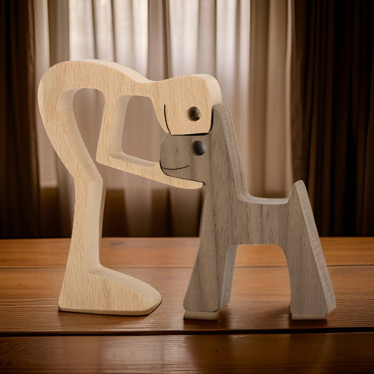 Handgefertigte Hund & Mensch Holzskulptur