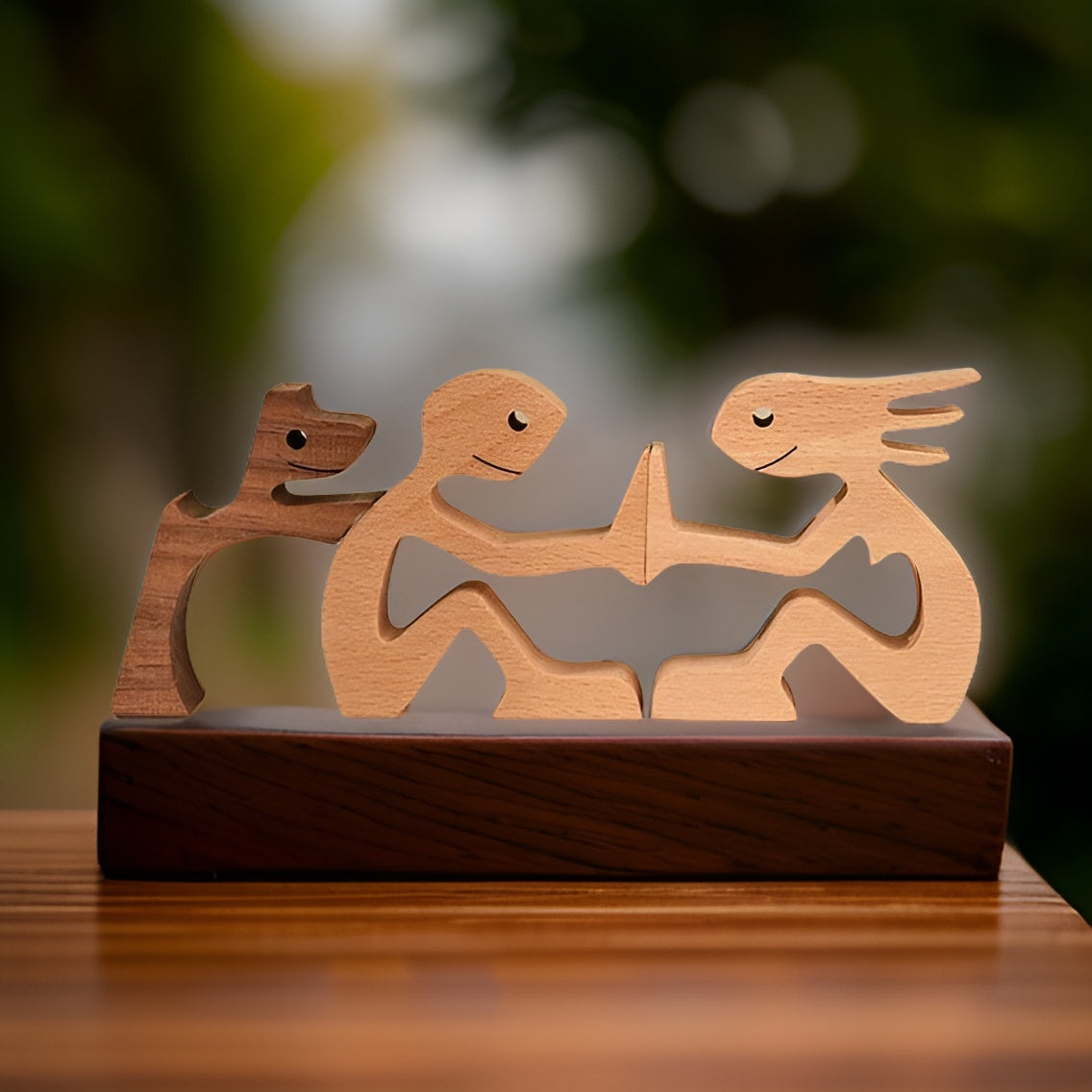 Handgefertigte Hund & Mensch Holzskulptur