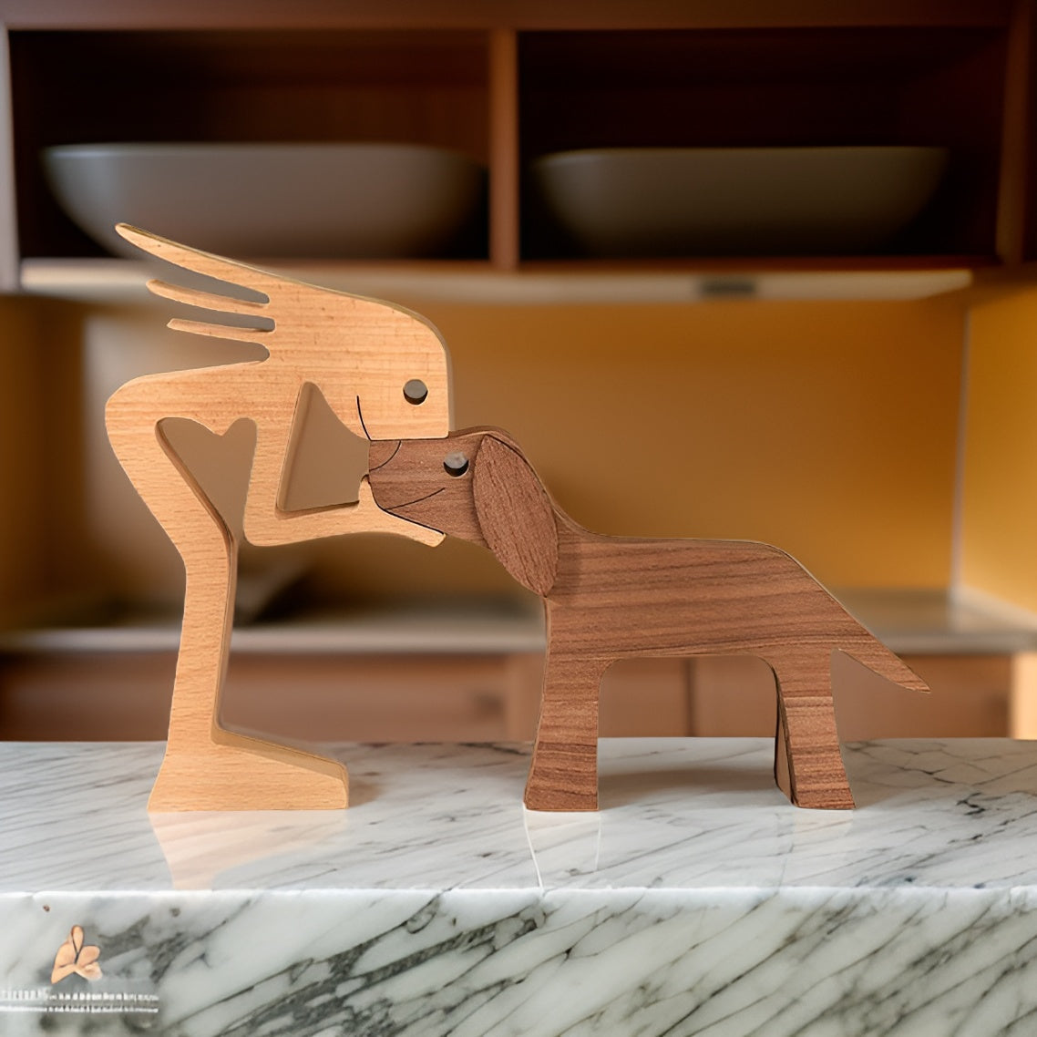 Handgefertigte Hund & Mensch Holzskulptur