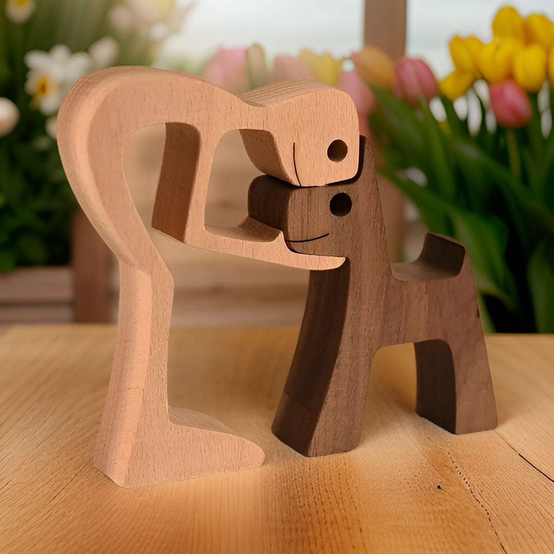 Handgefertigte Hund & Mensch Holzskulptur