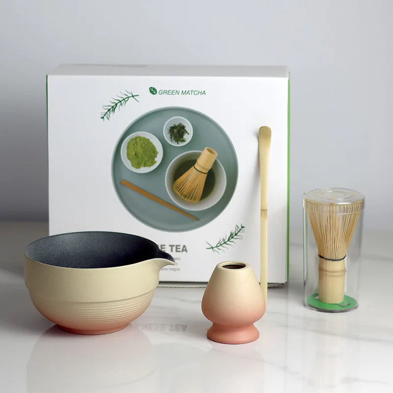 Japanisches Ombre Matcha Set mit Ausguss, Bambusbesen und Schaufel - Keramische Teewerkzeuge für die traditionelle Matcha-Zubereitung