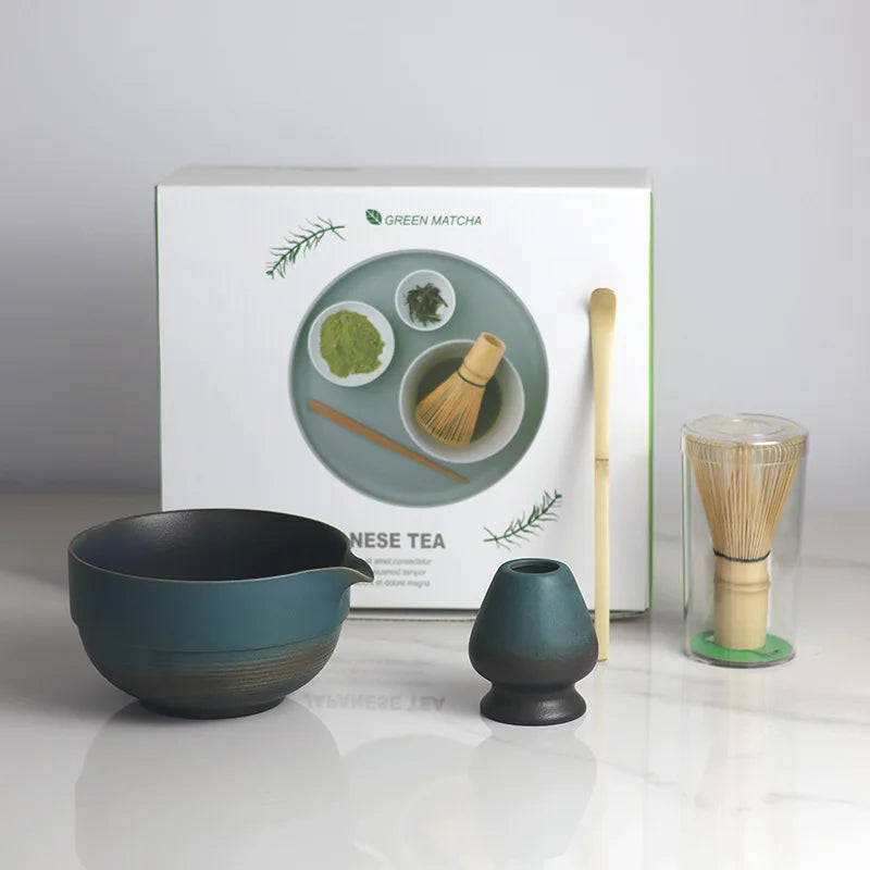 Japanisches Ombre Matcha Set mit Ausguss, Bambusbesen und Schaufel - Keramische Teewerkzeuge für die traditionelle Matcha-Zubereitung