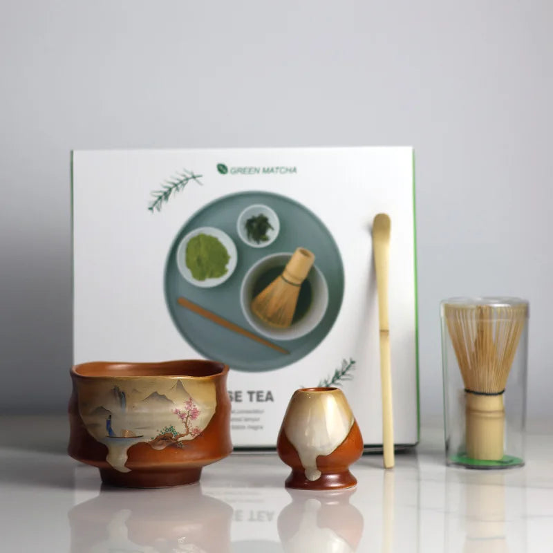 Traditionelles Matcha-Teeset aus Keramik mit Bambusbesen und Schütte – Perfektes Geschenkset für Teezeremonien