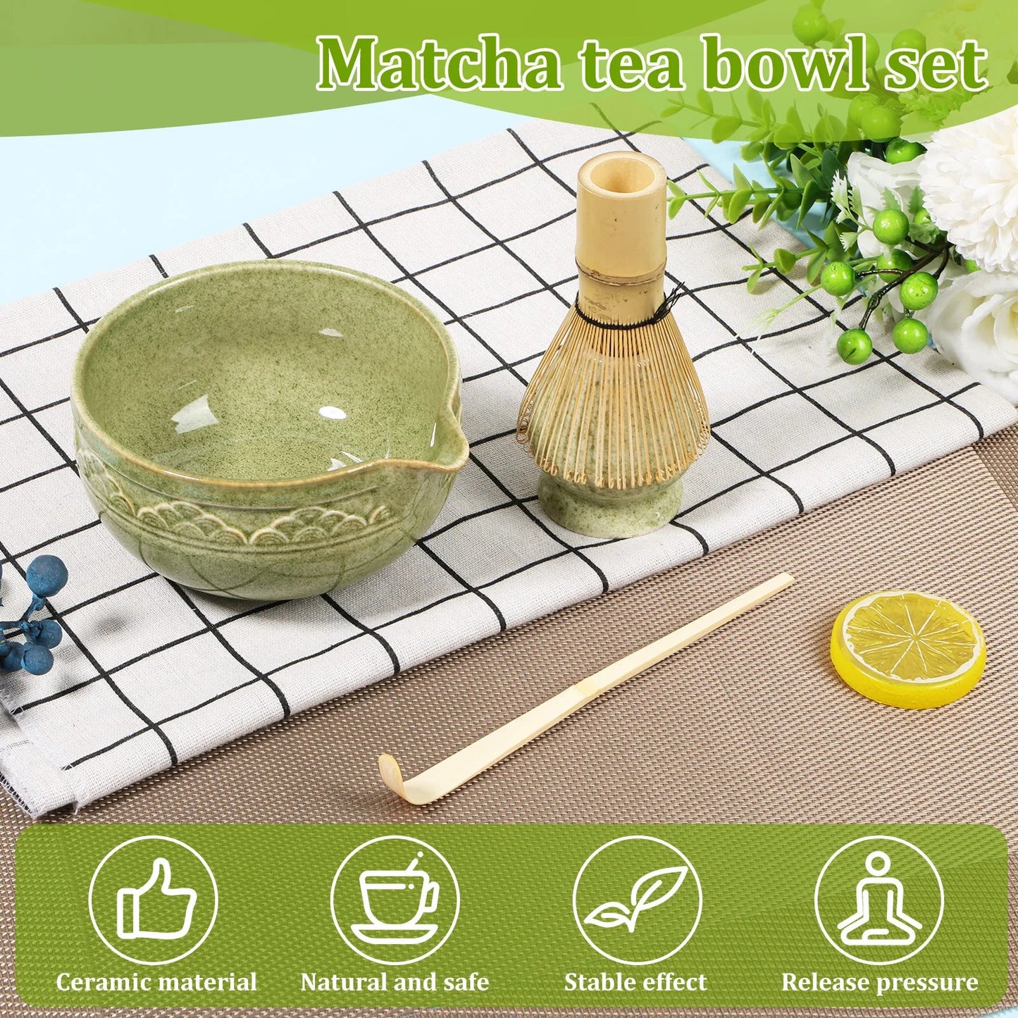 Elegantes 5-teiliges Matcha-Set: Keramikschale, Bambusbesen, Halter und Löffel – Ideal für Teeliebhaber zur perfekten Zubereitung von Matcha