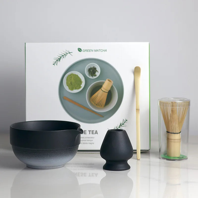 Japanisches Ombre Matcha Set mit Ausguss, Bambusbesen und Schaufel - Keramische Teewerkzeuge für die traditionelle Matcha-Zubereitung