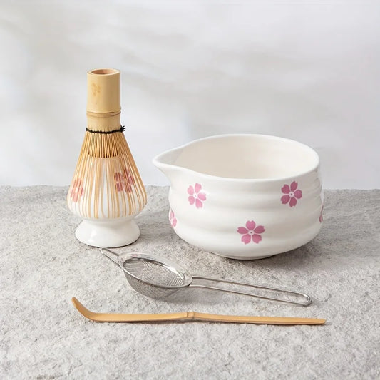 Elegantes 5-teiliges Kirschblüten-Matcha-Teeset – Japanisches Keramikschalen-Set mit Schneebesen für die ideale Zubereitung von Matcha